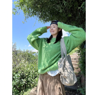 圈圈毛混纺果绿色毛衣女秋冬新款韩版宽松慵懒风圆领套头针织上衣