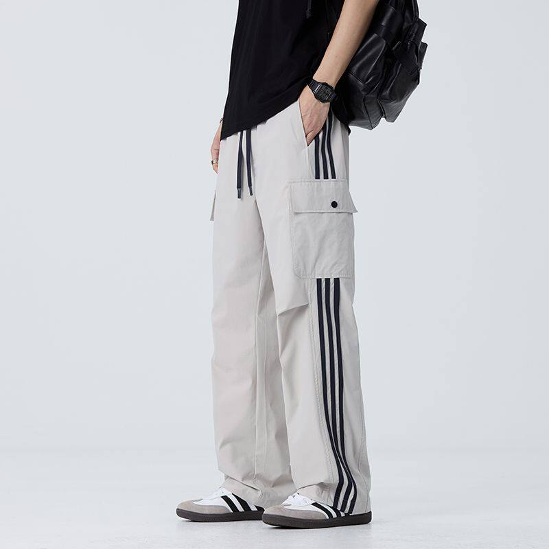 nologo official美式三条杠运动阔腿裤男款潮流宽松直筒工装裤子