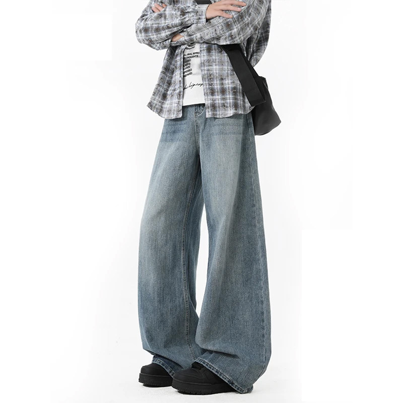 nologo official美式弯刀牛仔裤男潮牌春夏直筒竹节纹阔腿长裤子