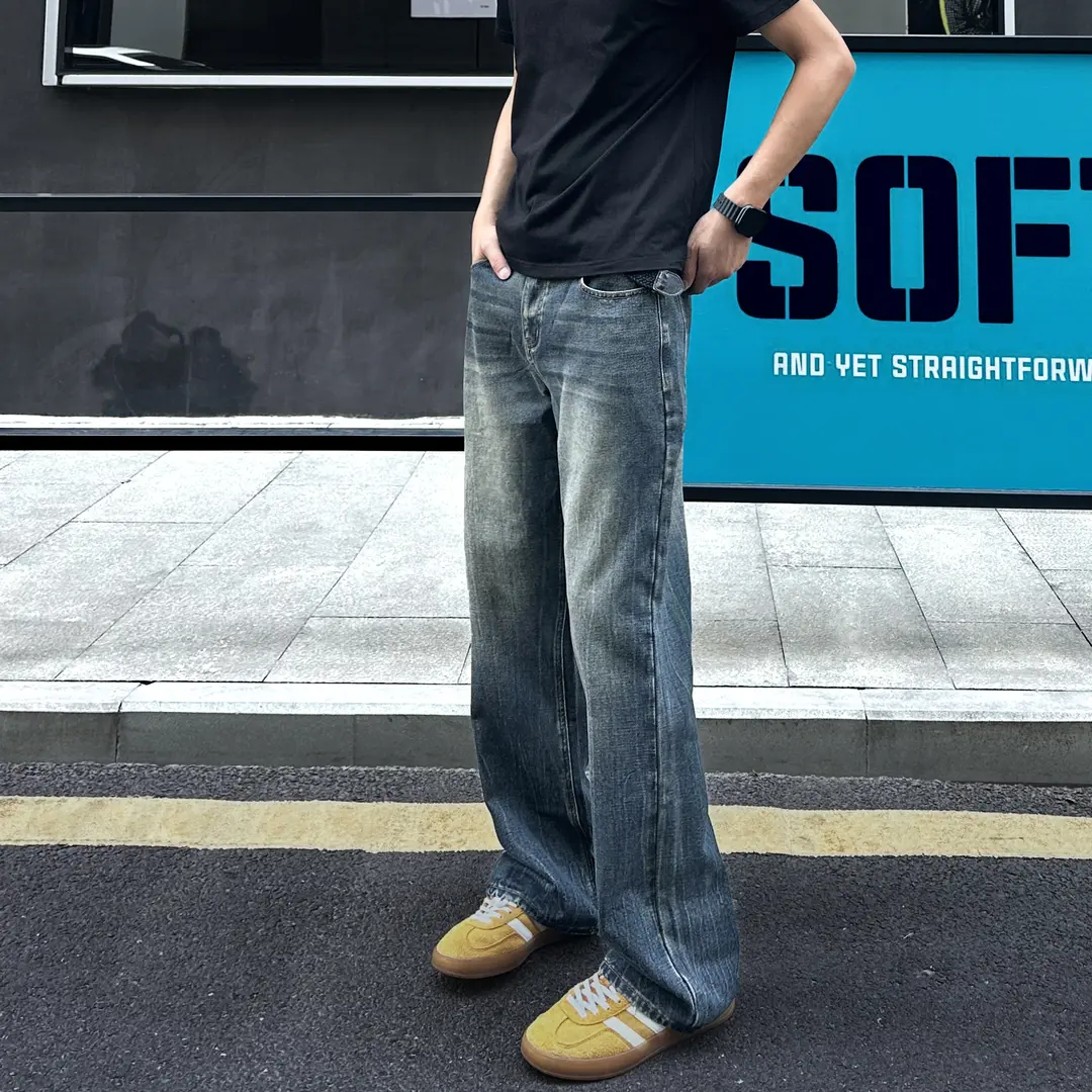 nologo official美式复古蓝闪电纹牛仔裤男士直筒显瘦微喇长裤子