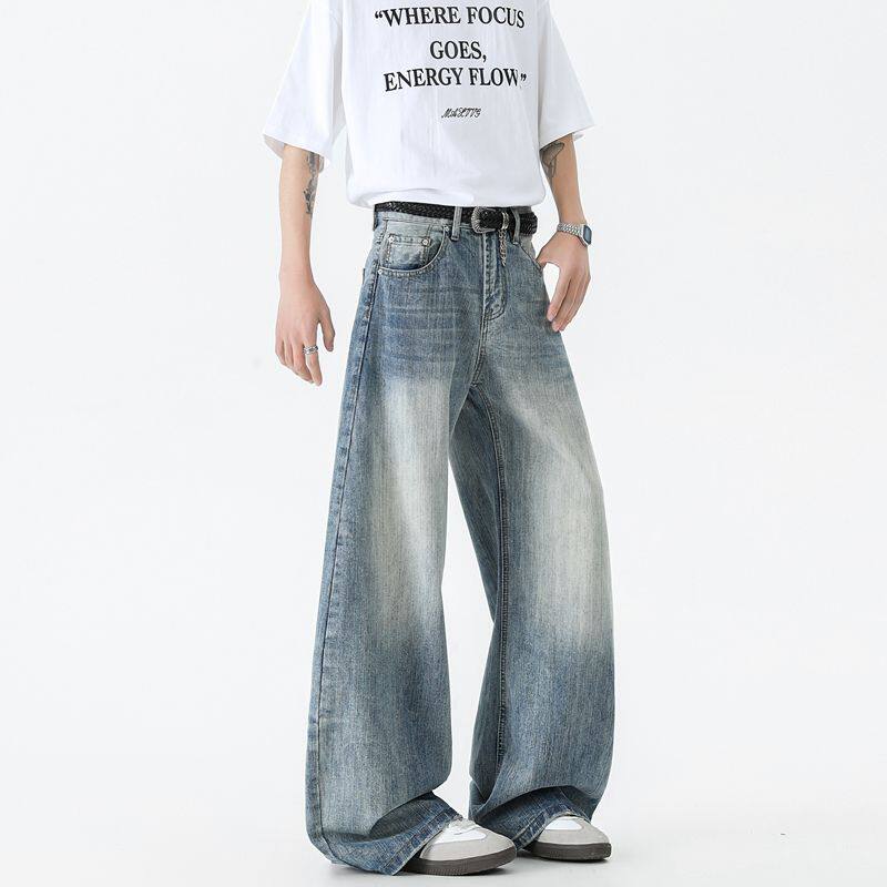 nologo official做旧竹节纹弯刀牛仔裤潮男直筒微喇阔腿裤子春夏