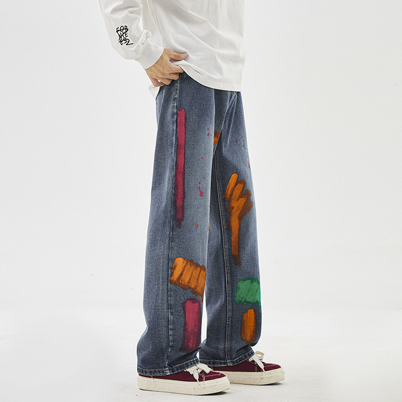 nologo official美式复古刷漆牛仔裤男潮牌痞帅宽松直筒阔腿裤子