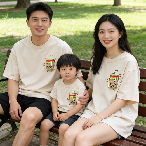 2026新款亲子装夏装一家三口母子母女珍珠奶茶短袖t恤婴儿连体衣