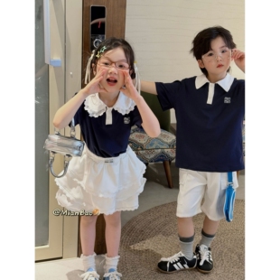 2026新款夏季男女童兄妹装短袖蛋糕裙短裤套装甜美公主两件套高品