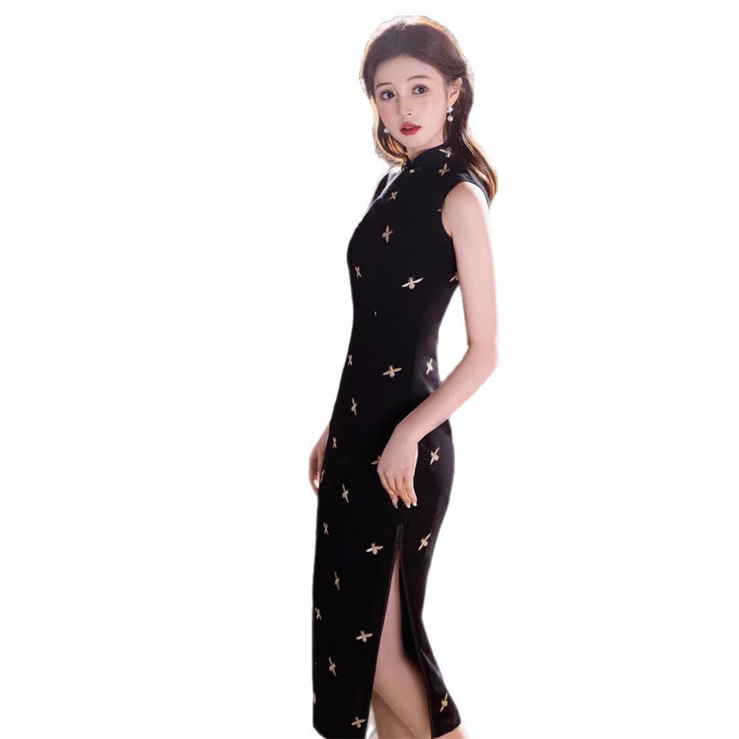 2026新款春夏旗袍无袖弹力麻刺绣小蜜蜂中长款旗袍国风修身女旗袍