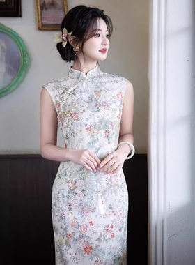 2026新款春夏旗袍仿正绢长款无袖碎花旗袍小清新收腰显瘦少女旗袍