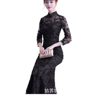 2026新款黑色旗袍改良版春季时尚宴会晚礼服鱼尾中袖长款连衣裙女