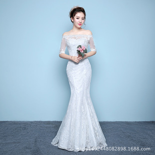2026新款白色婚纱礼服新娘显瘦大码鱼尾收腰鱼尾婚纱齐地一字肩修