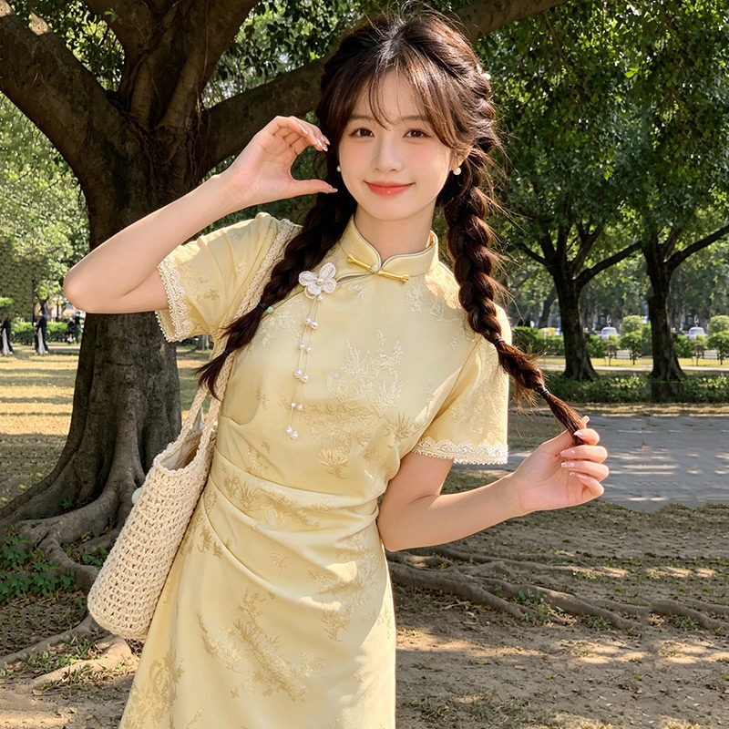 2026新款黄色国风新中式短款旗袍改良年轻款少女高级感小个子夏季图片