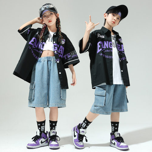 2026新款儿童嘻哈美式街舞潮服少儿表演服男童hiphop牛仔短