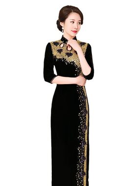 2026新款春季金丝绒钉珠长款旗袍女复古修身性感宴会复古亮片