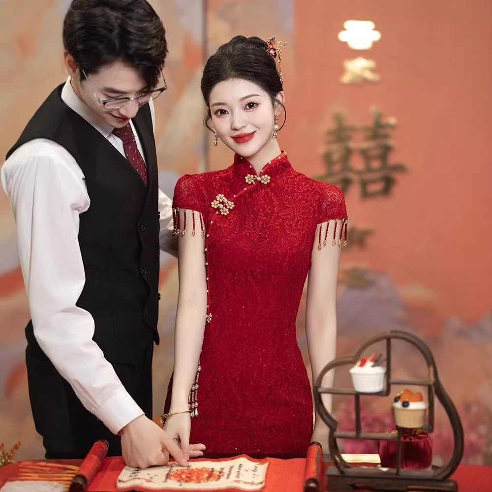 2026新款酒红色敬酒服新娘旗旗袍