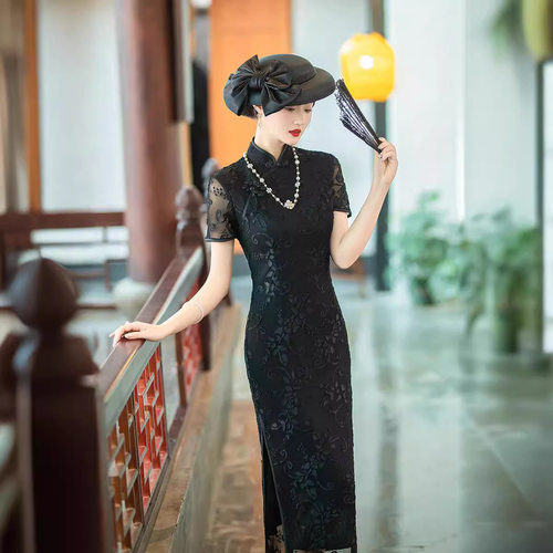 2026新款改良黑色旗袍春季时尚气质修身连衣裙宴会晚礼服婚宴走秀
