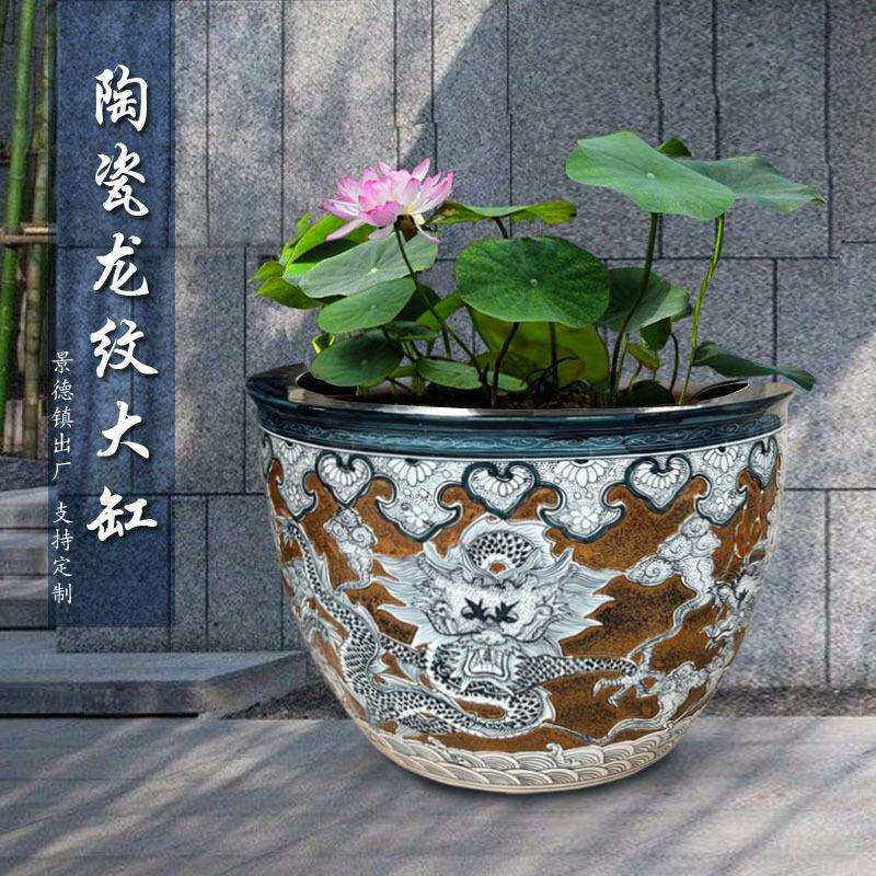 庭院摆饰工艺品五龙缠绕瓷大缸粉彩景德镇陶瓷黄底雕刻龙纹青花缸