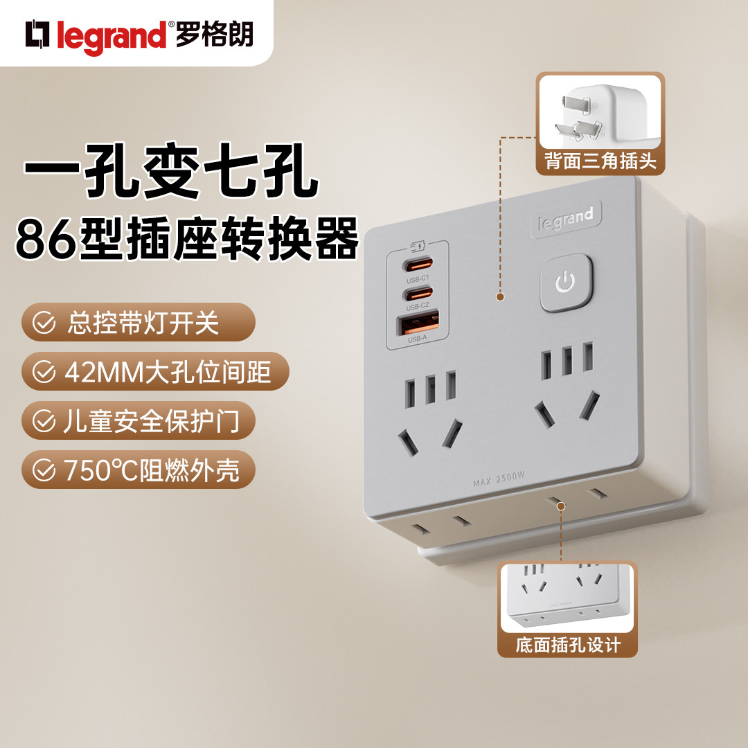 罗格朗86型多孔一转多扩展家用多功能转换插座面板30w快充插座