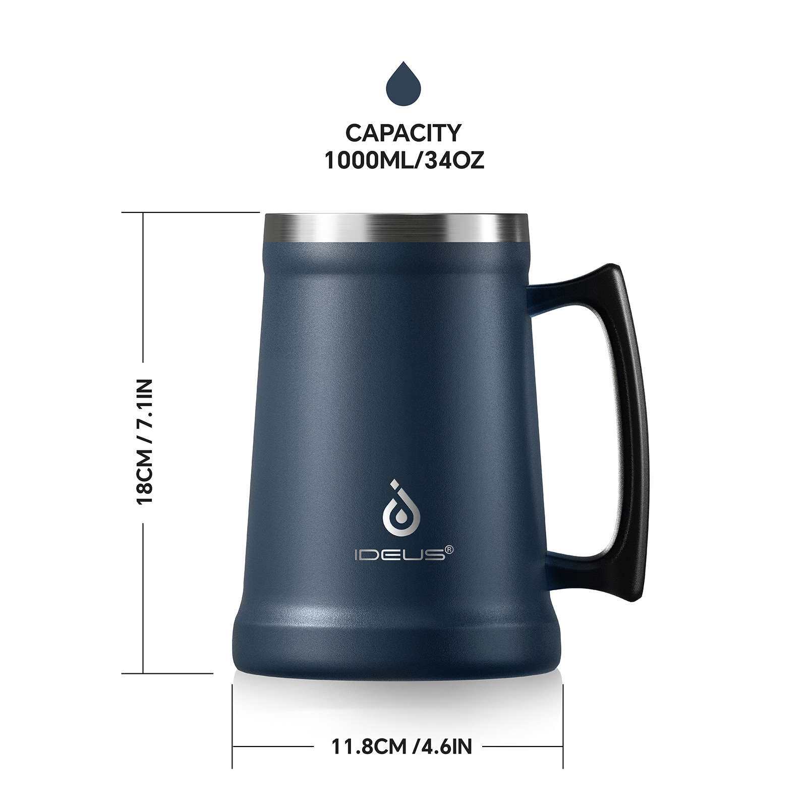 IDEUS跨境热销304不锈钢双层1000ml啤酒杯便携保温马克杯啤酒杯