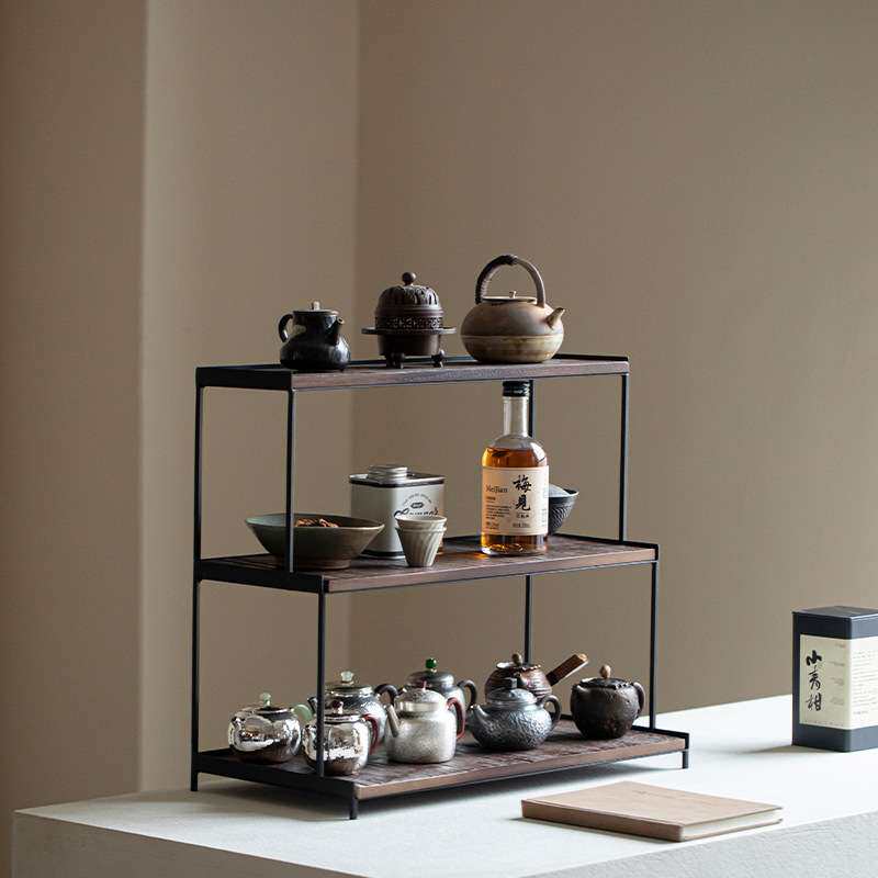 铁艺实木三层梯形收纳架茶棚茶杯置物架茶壶展示柜杯架茶道茶具架