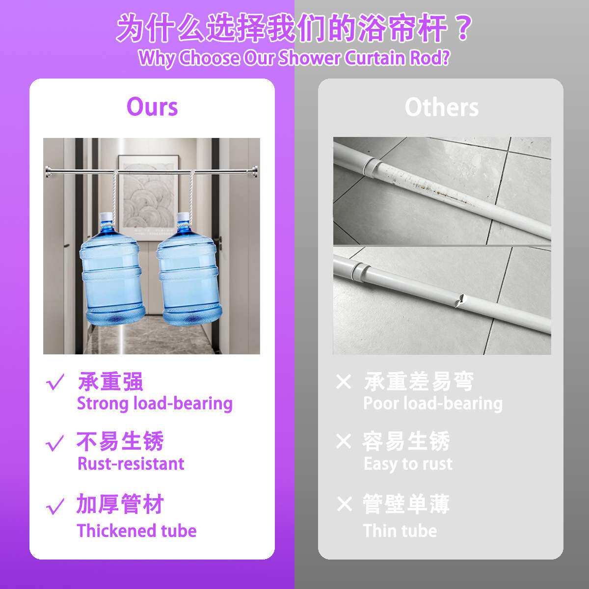 跨境浴帘杆U形304不锈钢伸缩弧形免打孔伸缩浴帘杆套装卫生间浴杆