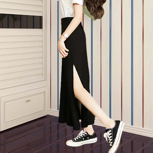 莫代尔灰色运动长裙胖mm夏a字高腰显瘦遮肚休闲大码半身侧开叉女