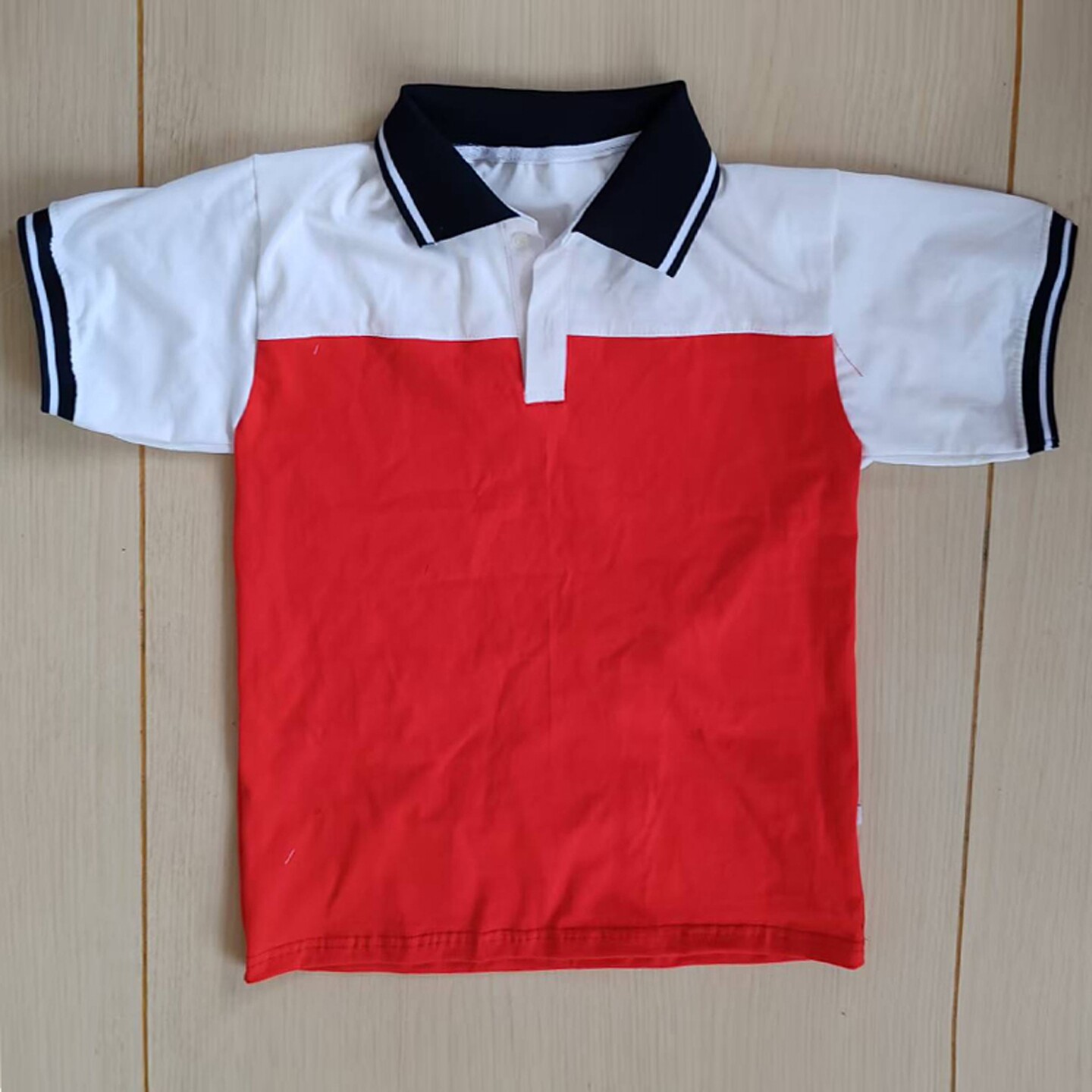 白色拼大红色校服短袖藏蓝领上白条男女通用T恤班服POLO衫上衣夏