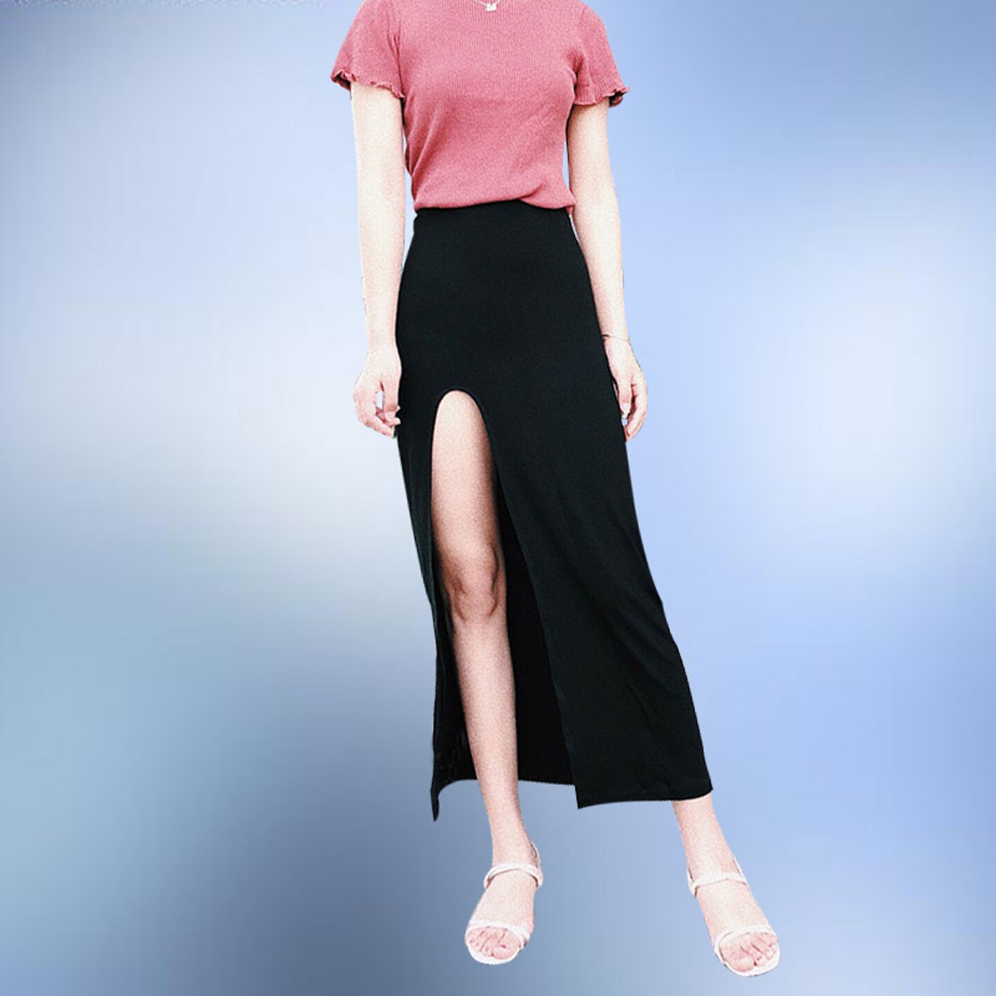 黑色莫代尔半身裙女开叉包臀休闲中长款大码小个子直筒裙高腰显瘦