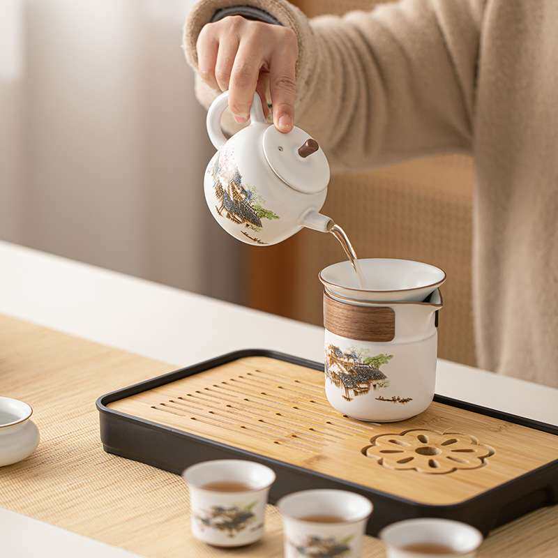 江南朝春汝窑旅行茶具套装陶瓷茶杯家用泡茶组户外旅行泡茶器整套