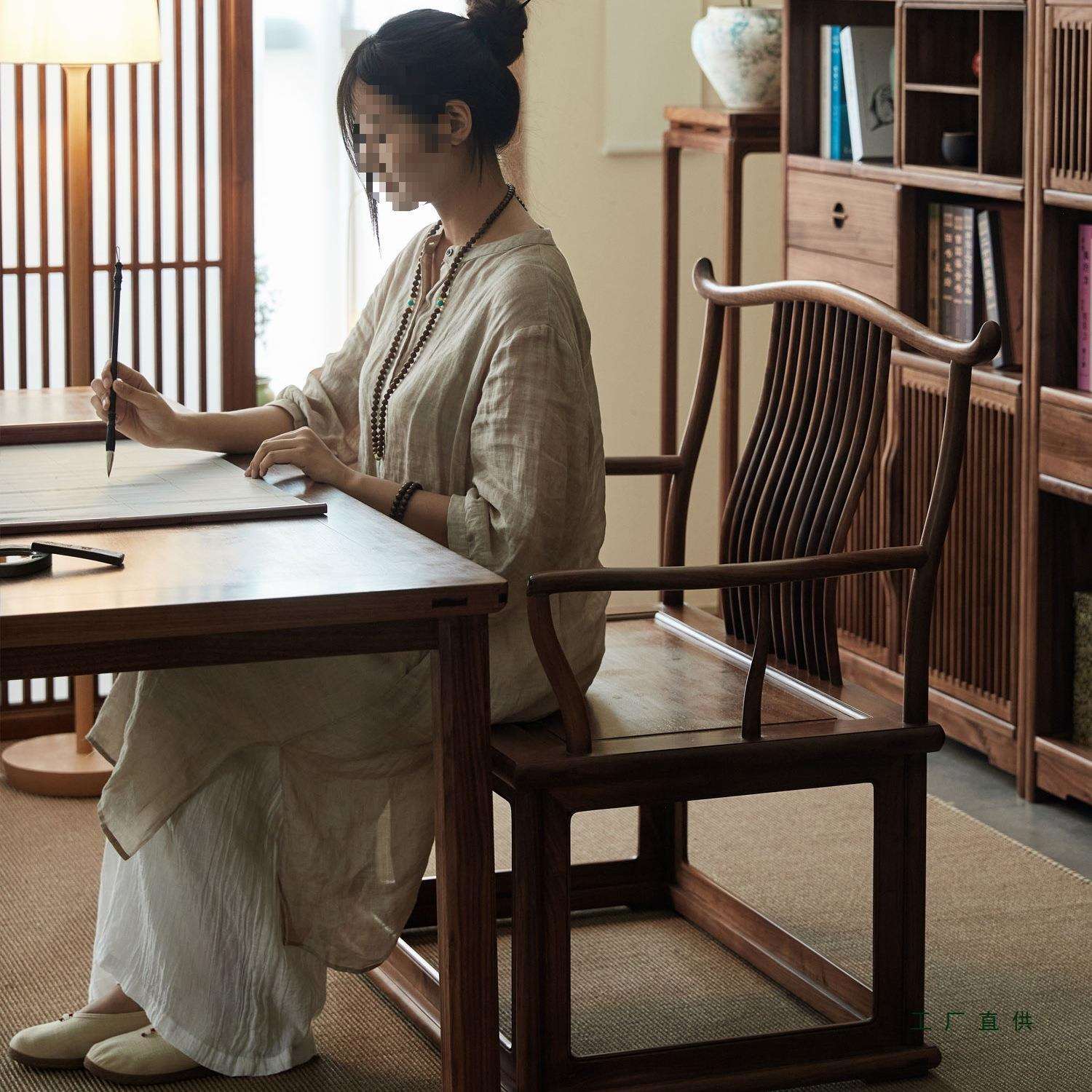 新中式太师主人椅休闲禅意打坐椅椅围椅圈椅北美黑胡桃木茶椅