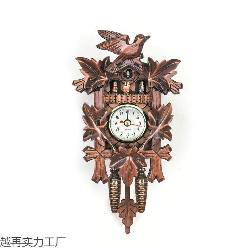现货挂钟布谷鸟咕咕报时闹钟北欧复古时钟木质客厅钟表电池电子