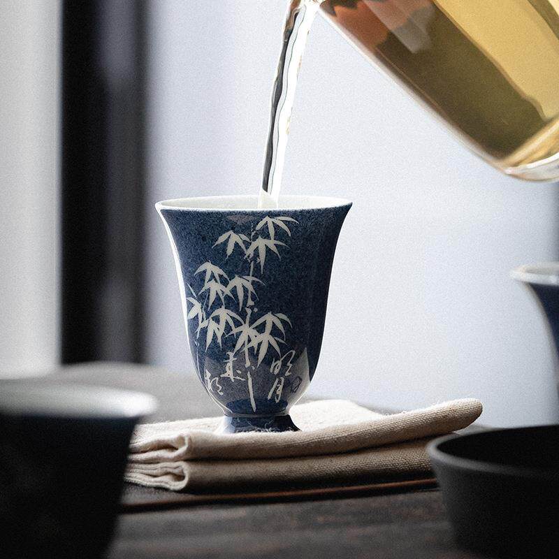弥言洒蓝手工陶瓷闻香聚香茶杯复古高足品茗杯家用主人杯单杯简约