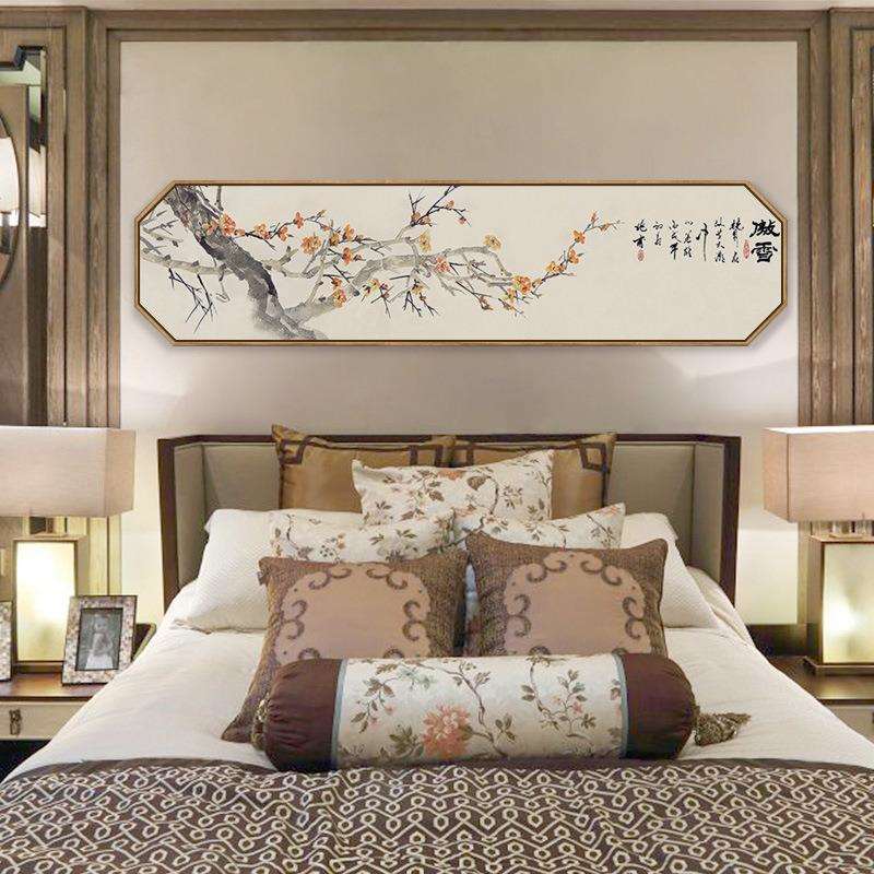 百卉俏枝头 新中式卧室装饰画工笔花鸟字画横八边形室内房间挂画