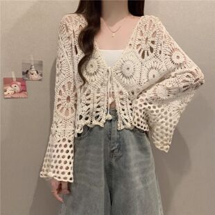 勾花镂空外搭针织防晒衫女夏季薄波西米亚百搭长袖短衣女式针织衫