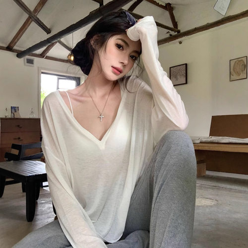 天丝超薄罗纹 薄款微透v领长袖T恤女装宽松防晒罩衫气质休闲上衣