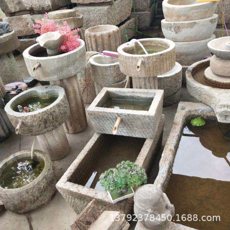 老石槽户外流水造景摆件庭院景观石磨水景旧石头鱼缸水槽阳台花盆