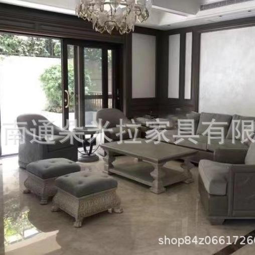 美式复古轻奢别墅客厅三人单人布艺实木沙发组合茶几脚凳组合
