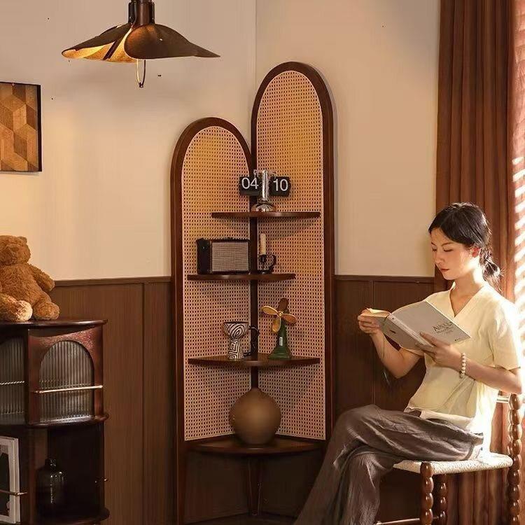 实木角柜客厅复古沙发墙边藤编置物架子中古卧室拐角三角柜收纳架