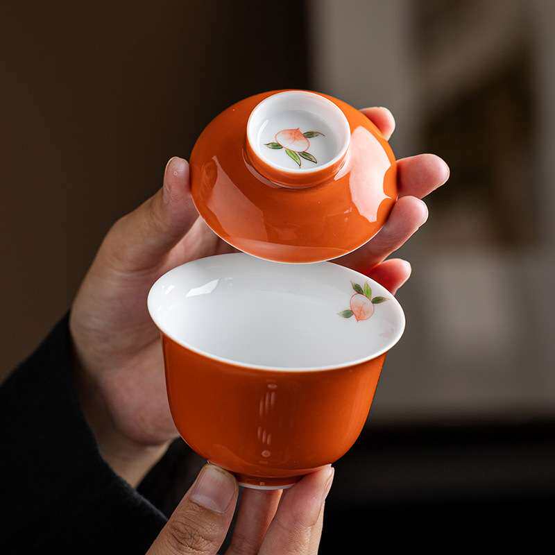 桃红釉粉彩茶具三才盖碗茶杯单个高档陶瓷功夫泡茶茶碗带盖不烫手
