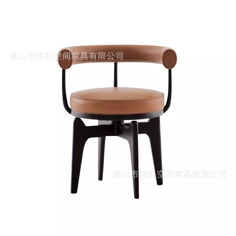 北欧简约客厅餐椅实木单人皮艺旋转扶手椅轻奢接待椅家用扶手椅子