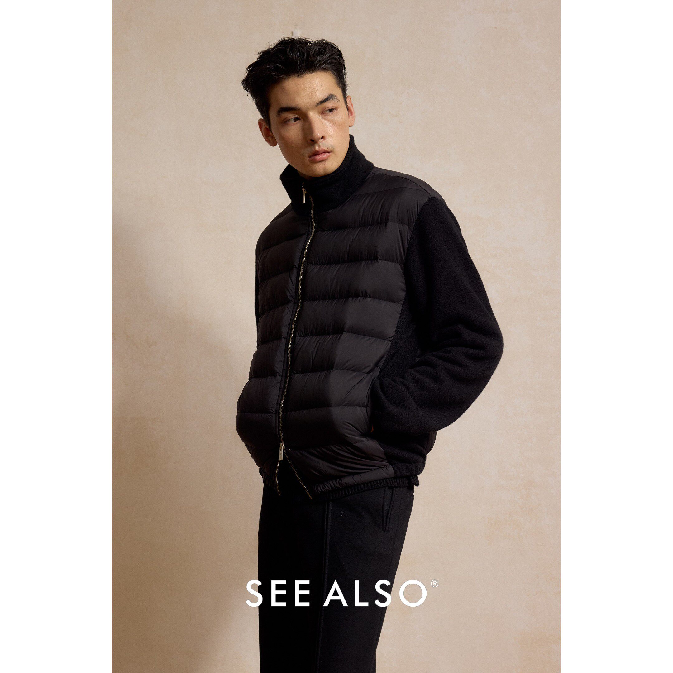 SEE ALSO90白鹅绒排骨羽绒服冬季老钱拼接针织保暖羊毛夹克外套男