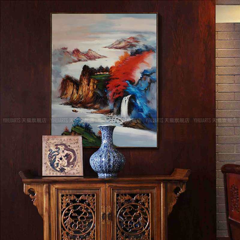 玄关风景山水油画装饰画现代中式竖幅走廊无框画卧室餐厅书房挂画