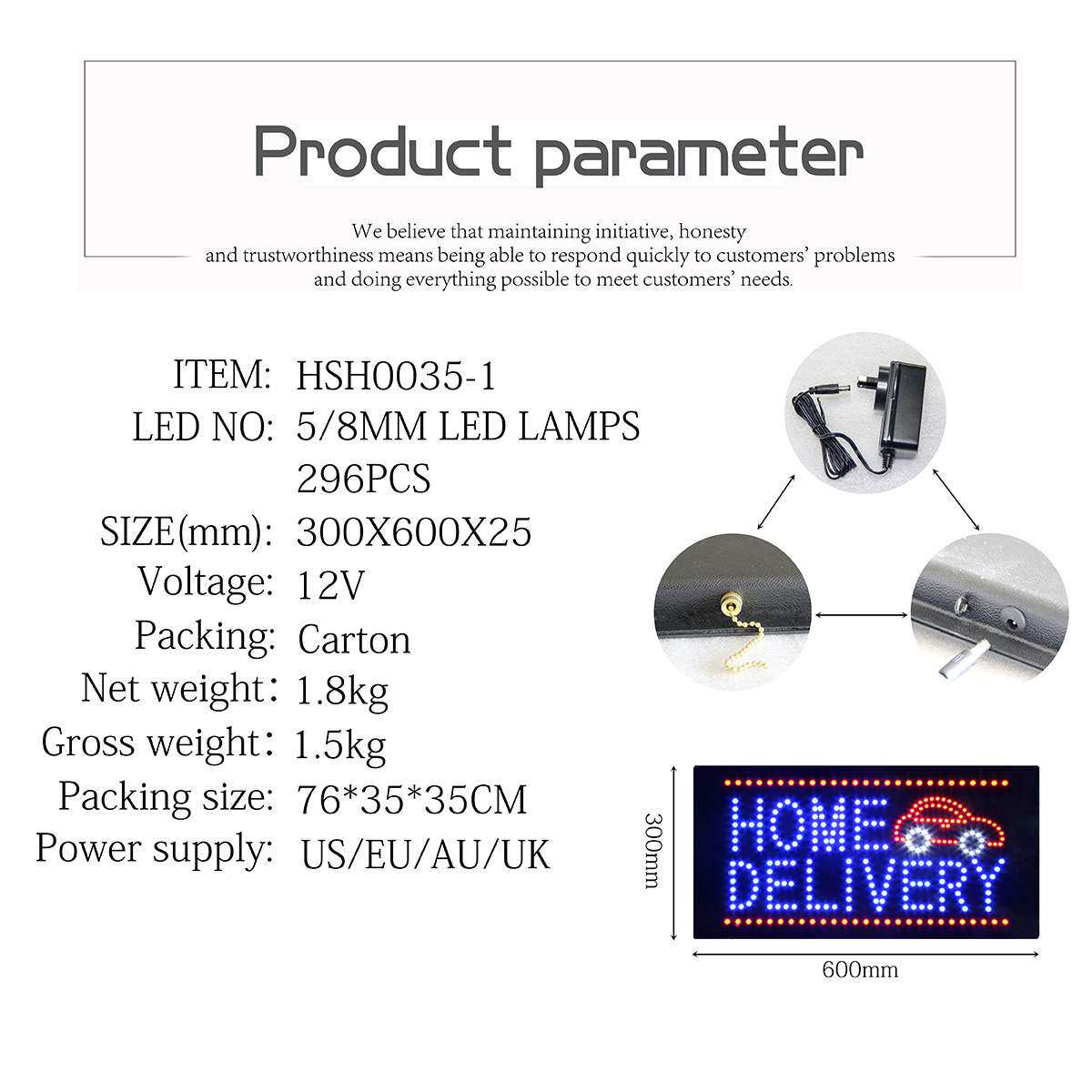 跨境LED广告牌 发光灯箱悬挂灯牌 HOME DELIVERY SIGN 30x60mm
