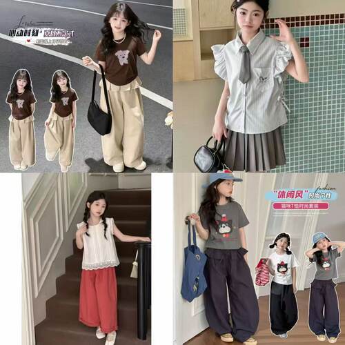 【现货100-144】女童夏季新款中大童连衣裙T恤休闲裤牛仔短裤套装