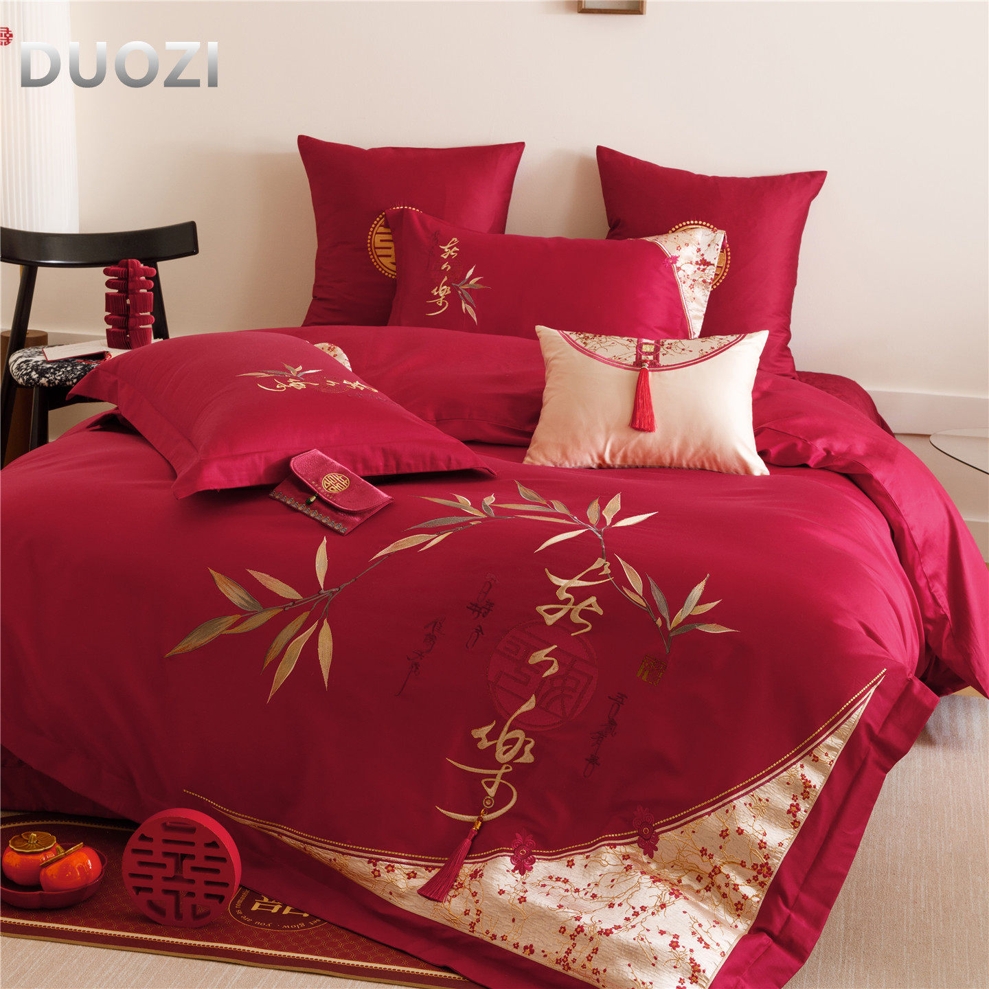 中式刺绣红色婚庆四件套100支长绒棉被套夹棉床盖结婚床品陪嫁,床上用品,婚庆床品套件,淘宝优惠券,粉丝福利购,淘宝优惠卷
