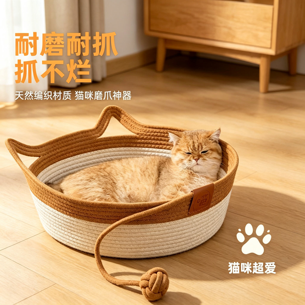 宠物棉绳猫窝藤编猫窝草编窝猫四季手工编织藤窝可爱猫窝手工