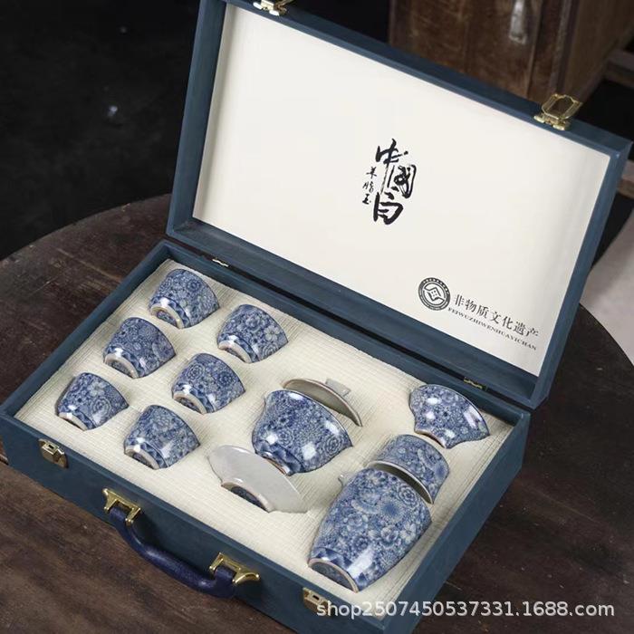 德化新款汝窑青花瓷茶具套装家用办公三才盖碗泡茶杯中式高档送礼