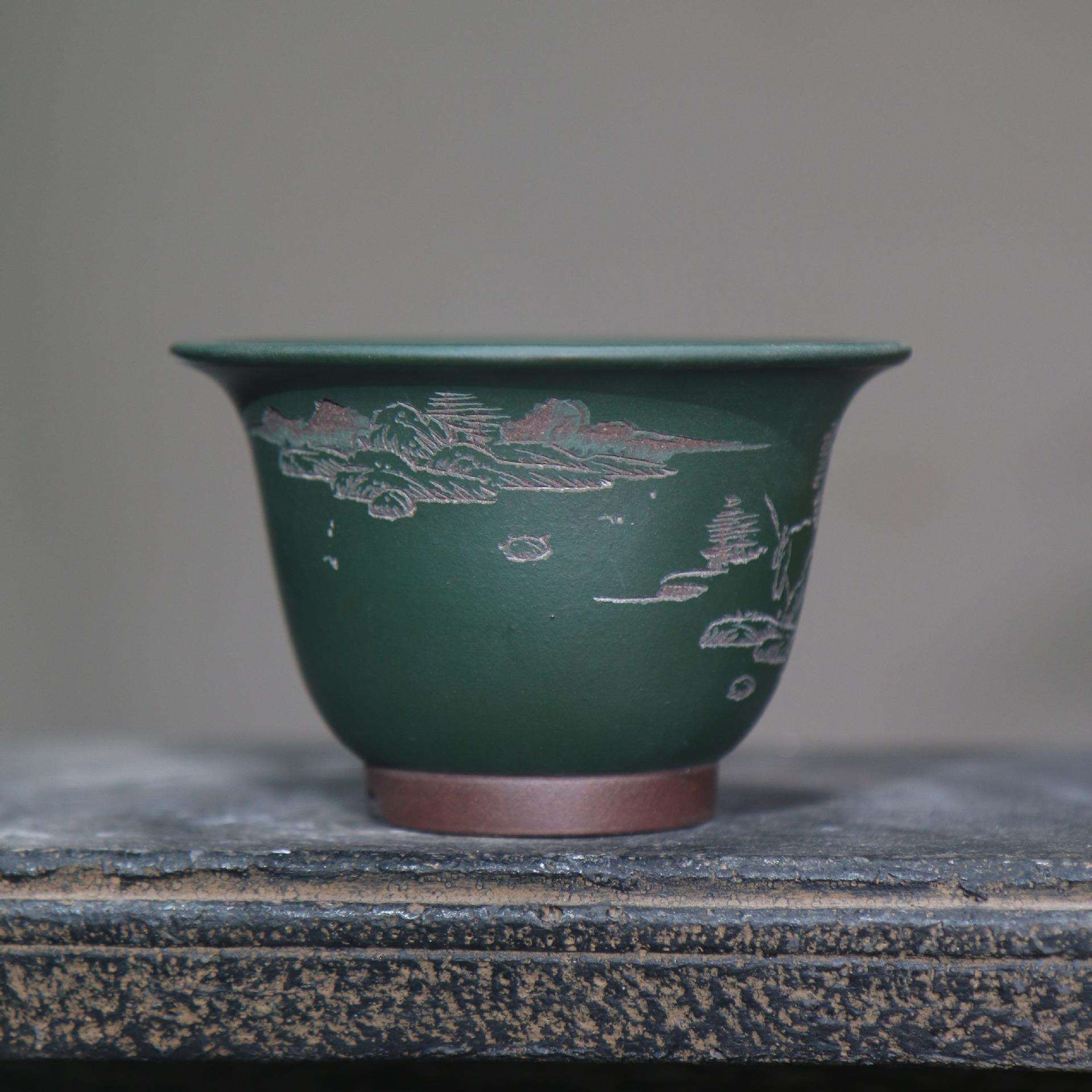 紫砂花盆微型盆景盆菖蒲盆孙伟制名家盆刻字刻绘花鸟山水小盆古风