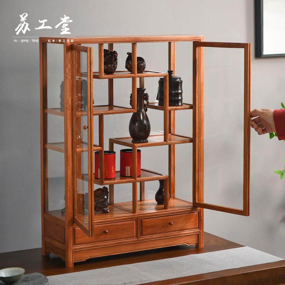 缅甸花梨全独板双开门玻璃柜家用客厅实木架子收藏品展示柜置物架