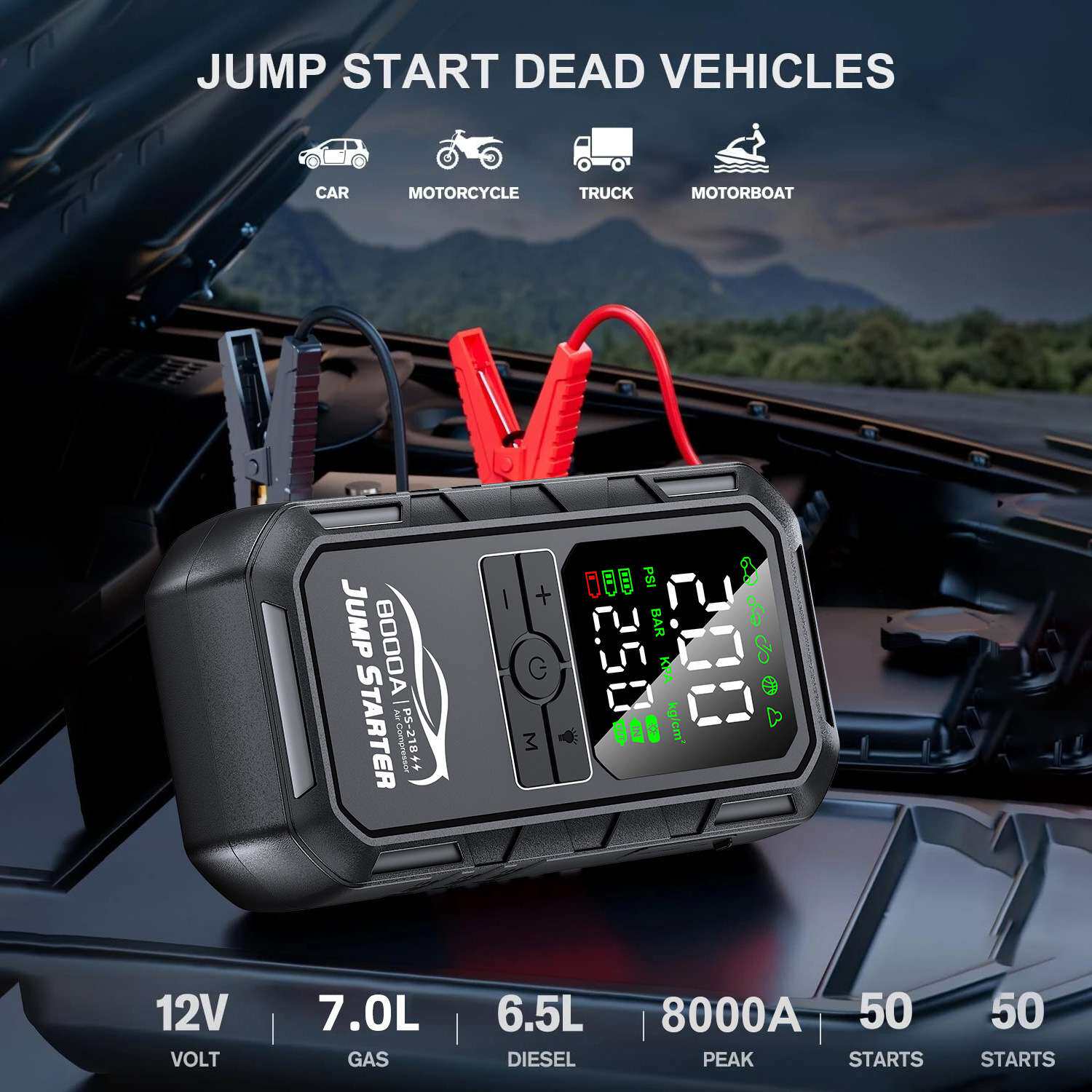 Jump Starter 汽车应急启动电源充气泵一体机打火搭电宝充气泵
