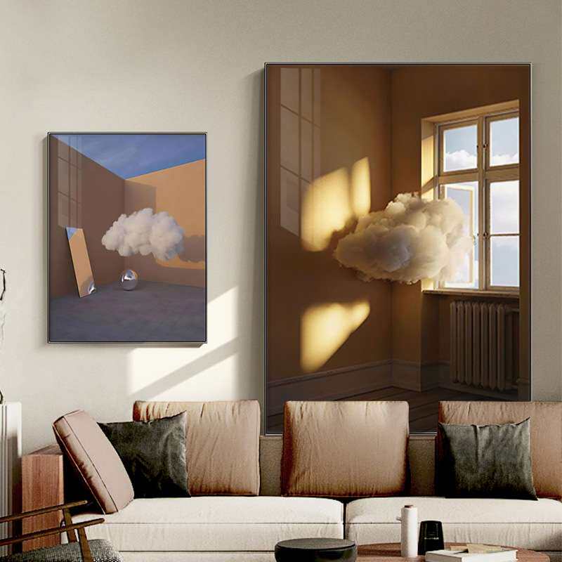 北欧现代入户玄关装饰画走廊尽头壁画简约创意白云朵风景竖版挂画