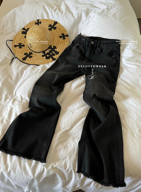Rubyoffice黑色毛边牛仔裤女设计小众显瘦百搭水洗破洞直筒微喇裤