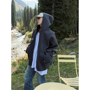 Rubyoffice羊毛毛呢外套女简约百搭宽松连帽开衫 卫衣休闲男女同款